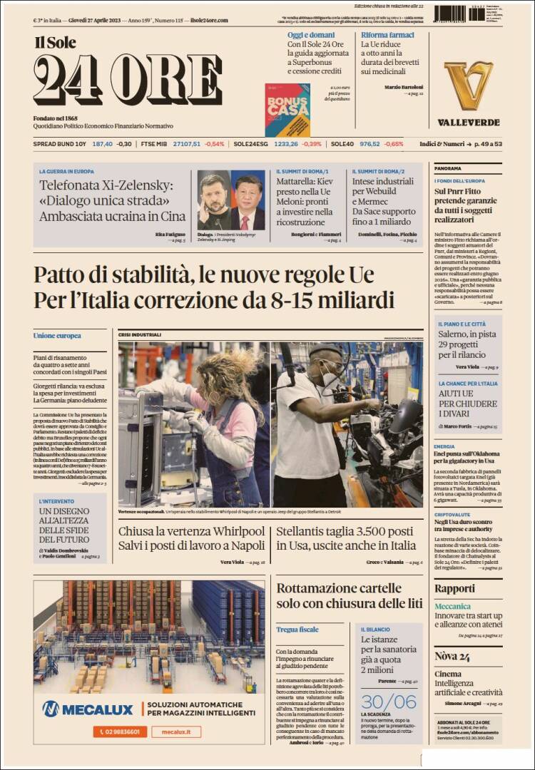 Periódico Il Sole 24 ORE (Italia). Periódicos de Italia. Edición de