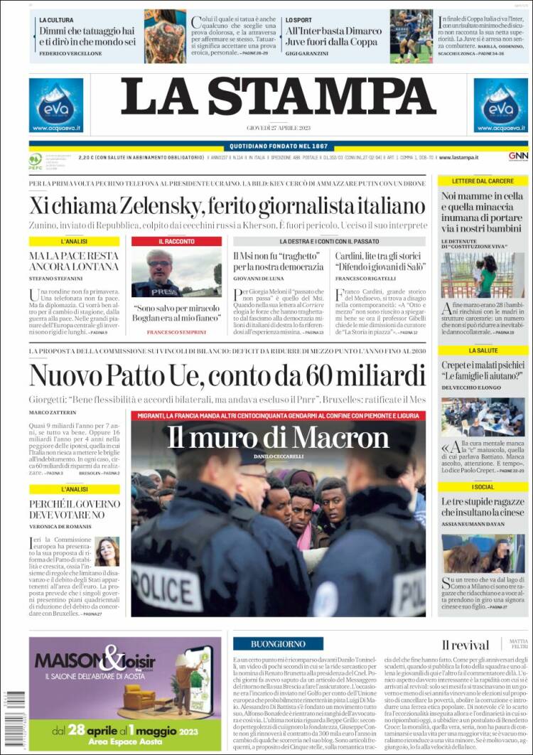 Portada de La Stampa (Italia)