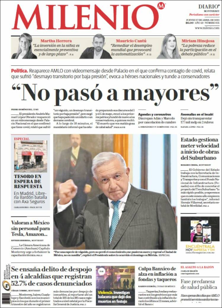 Portada de Milenio de Monterrey (México)