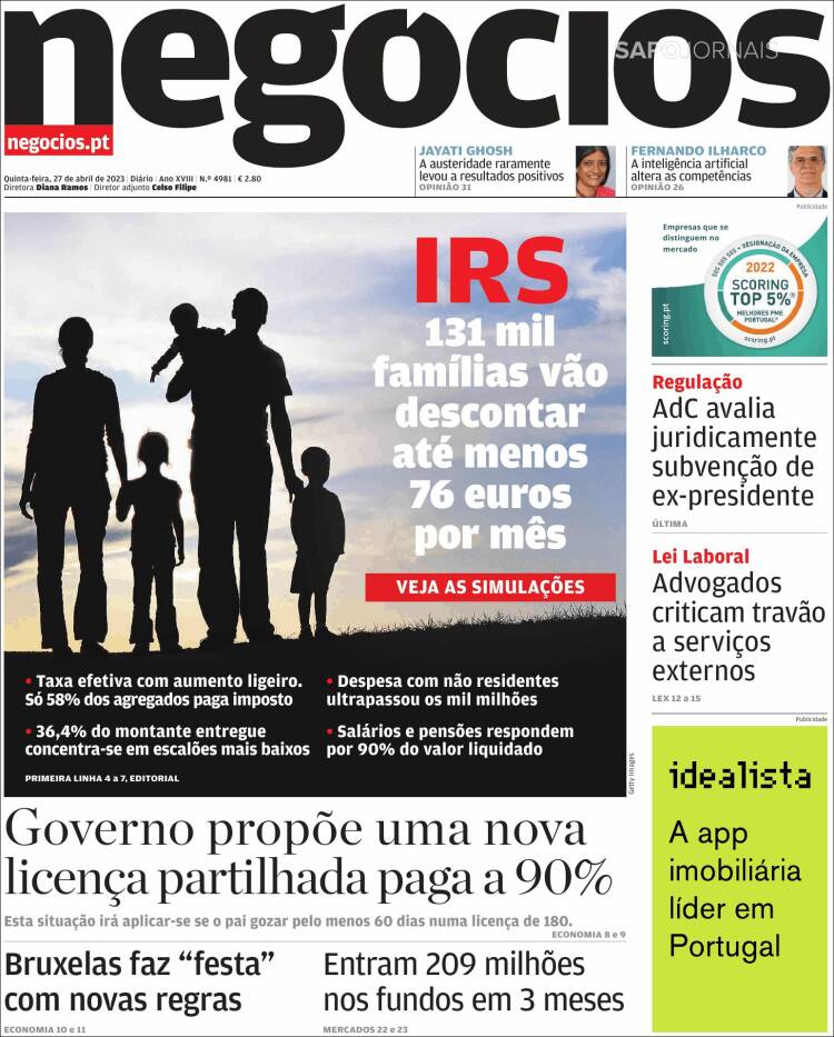 Portada de Jornal de Negócios (Portugal)