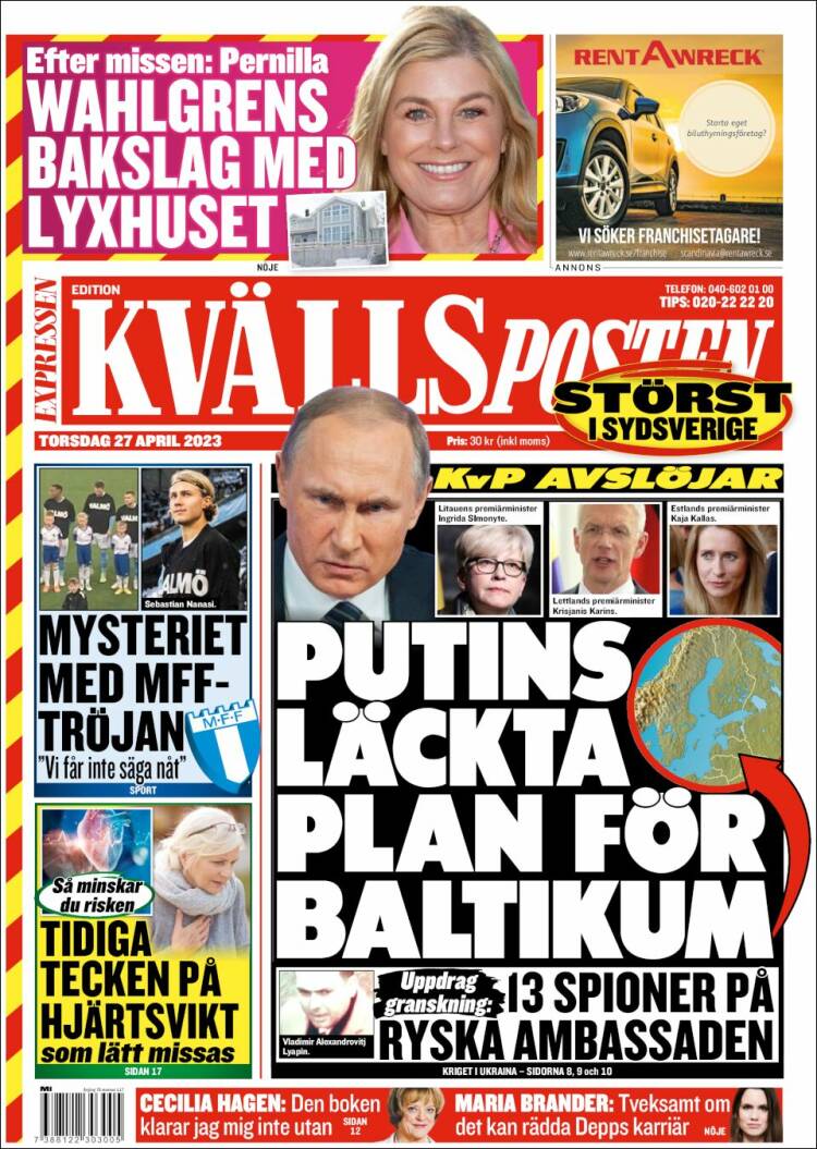 Portada de Kvällsposten (Suecia)