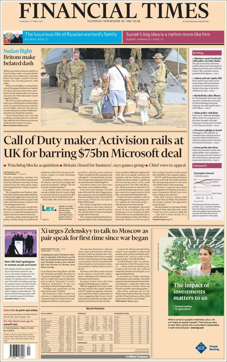 Portada de Financial Times (Reino Unido)