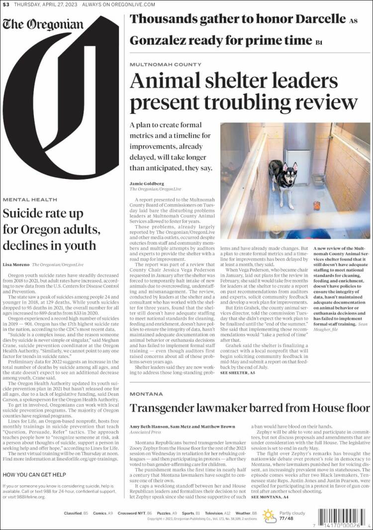 Portada de The Oregonian (USA)