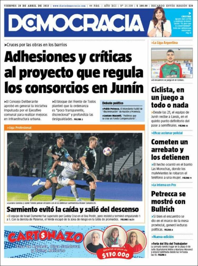 Portada de Diario Democracia (Argentina)