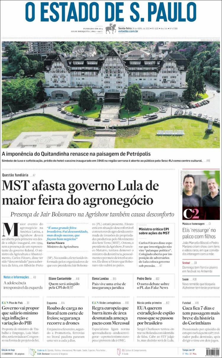 Portada de O Estado de São Paulo (Brasil)