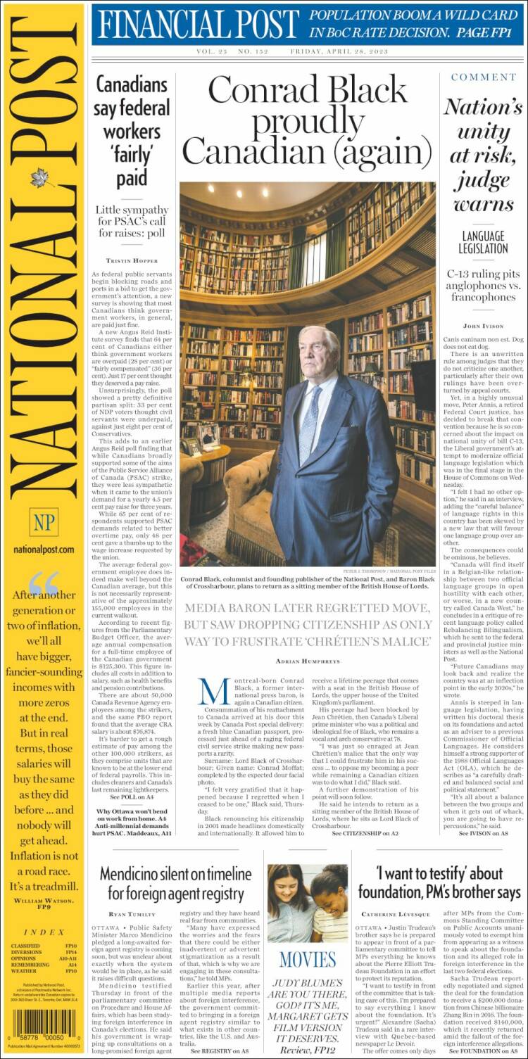 Portada de The National Post (Canadá)