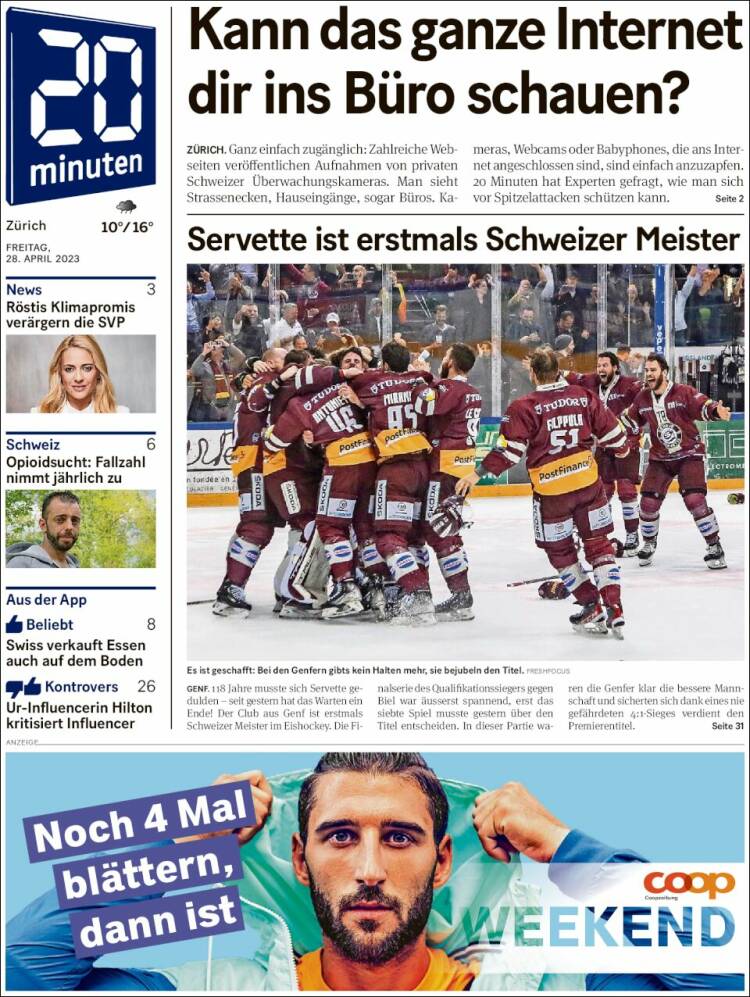 Portada de 20Minuten - Zürich (Suiza)
