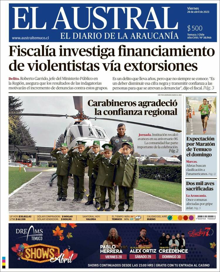 Portada de El Austral de Temuco (Chile)