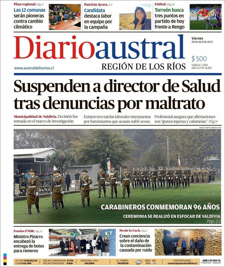 Portada de El Diario Austral de Valdivia (Chile)