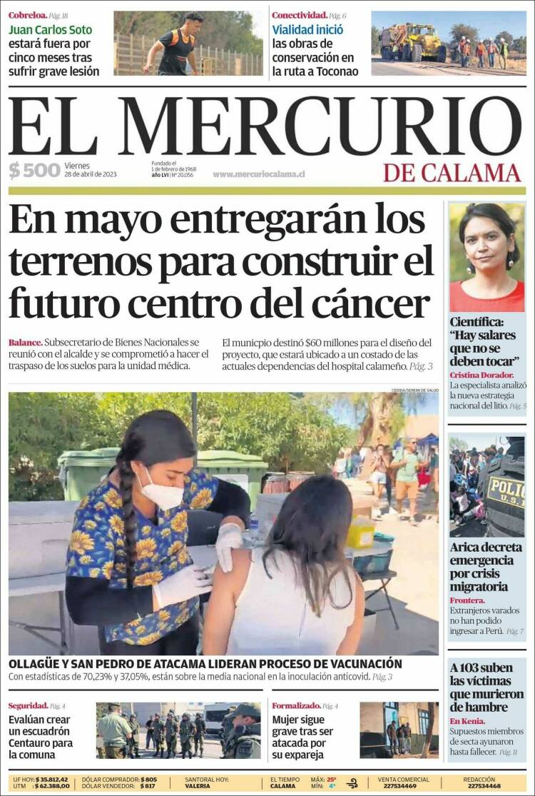 Portada de El Mercurio - Calama (Chile)