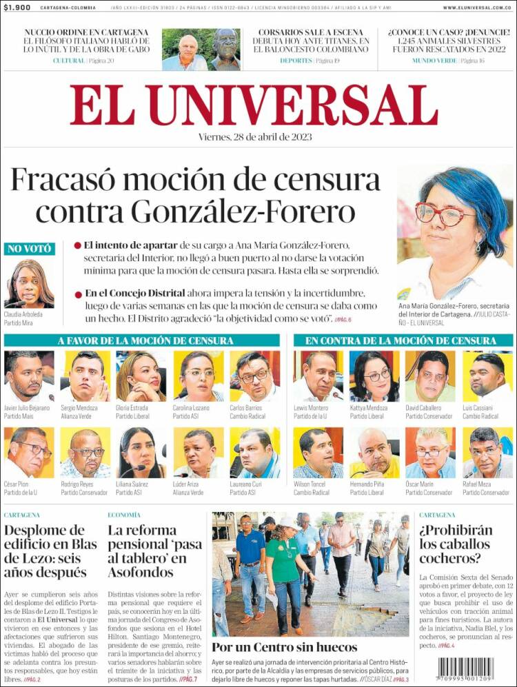 Portada de El Universal (Colombia)