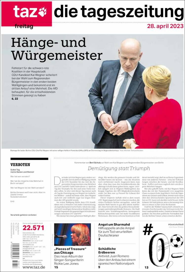 Portada de Die Tageszeitung (Alemania)