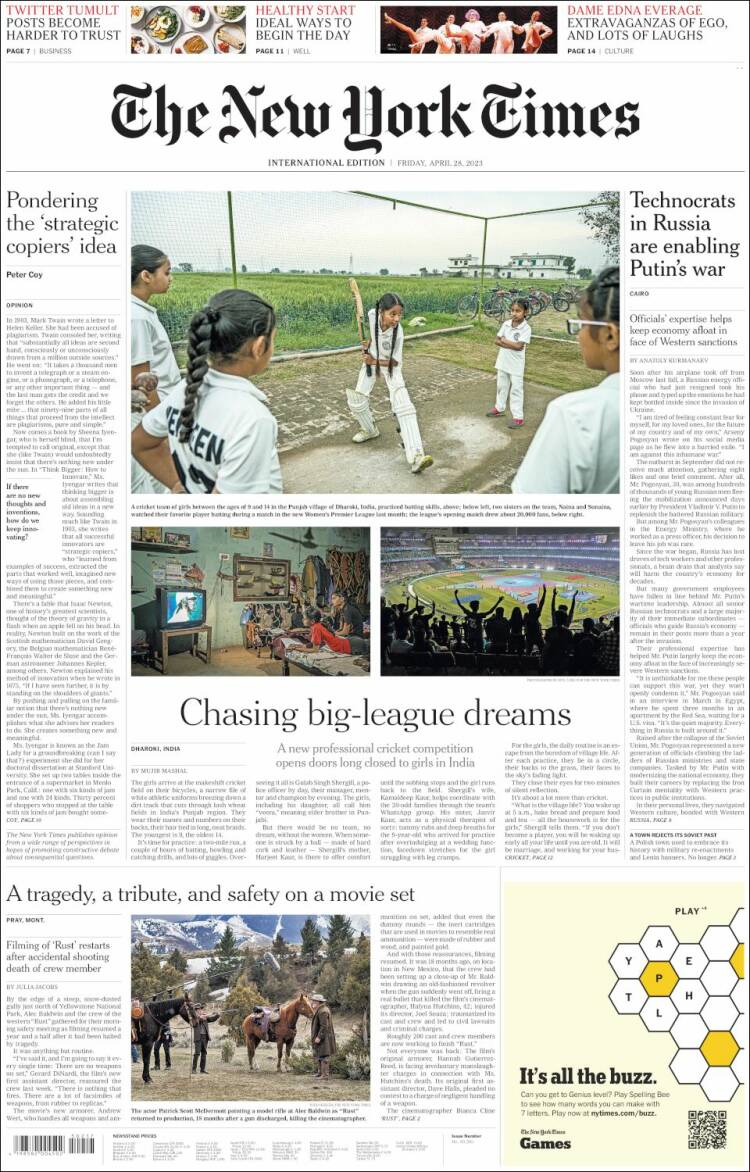 Portada de International New York Times (Europa)