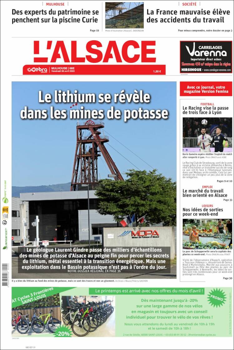 Portada de Journal L'Alsace (Francia)