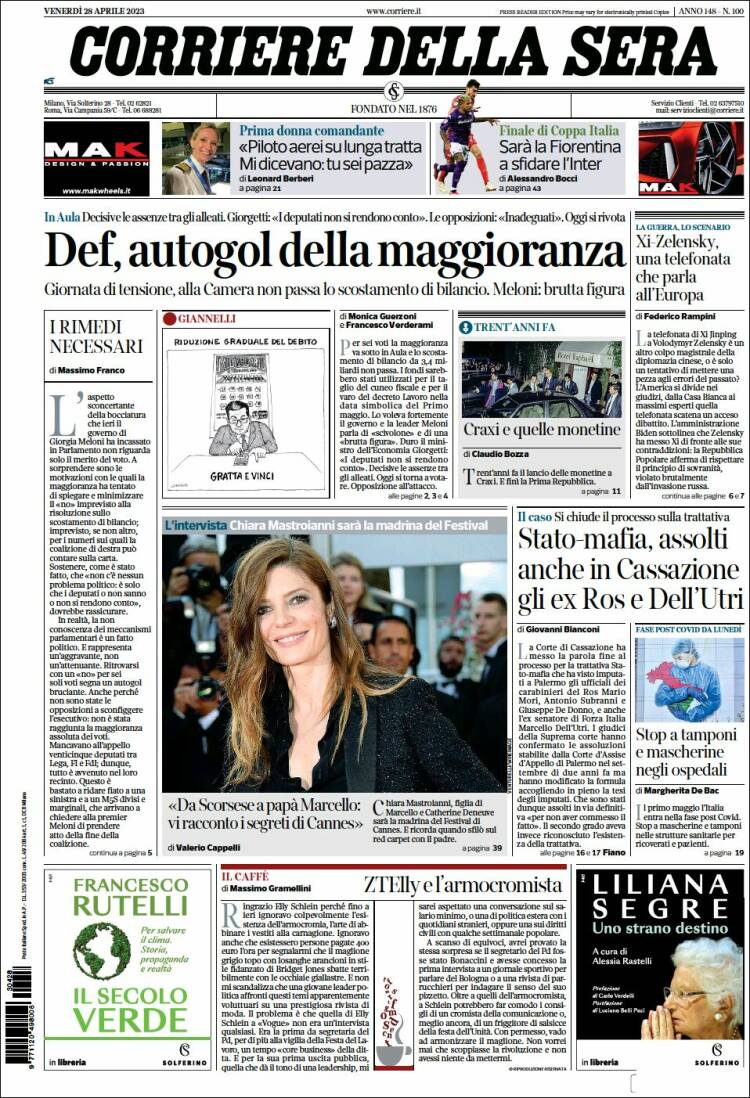 Portada de Corriere della Sera (Italy)