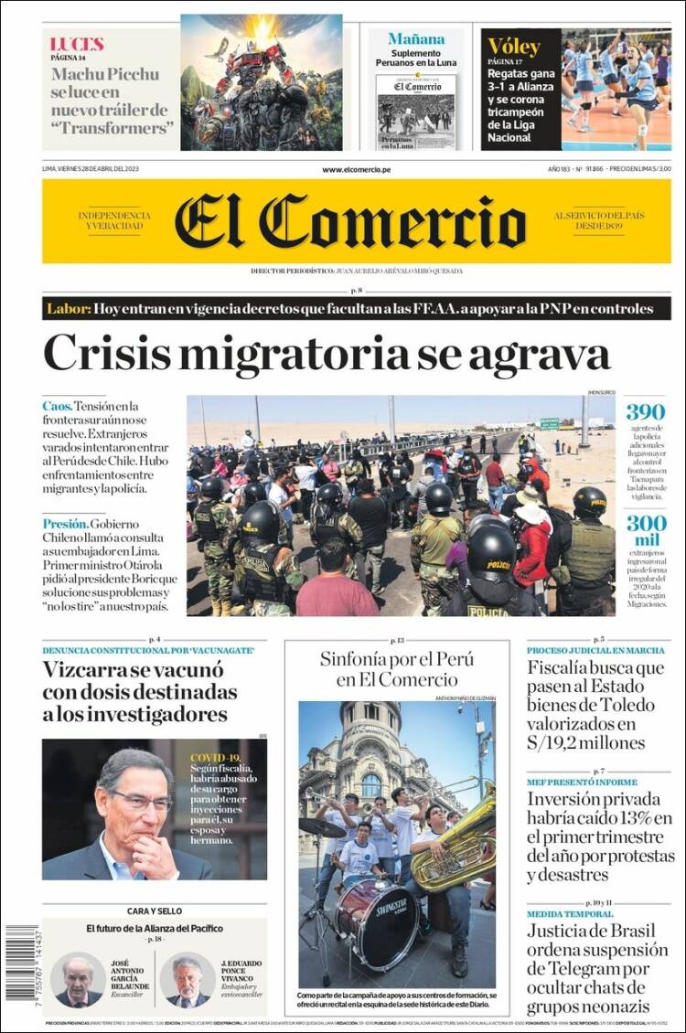 Portada de El Comercio (Per&uacute;)