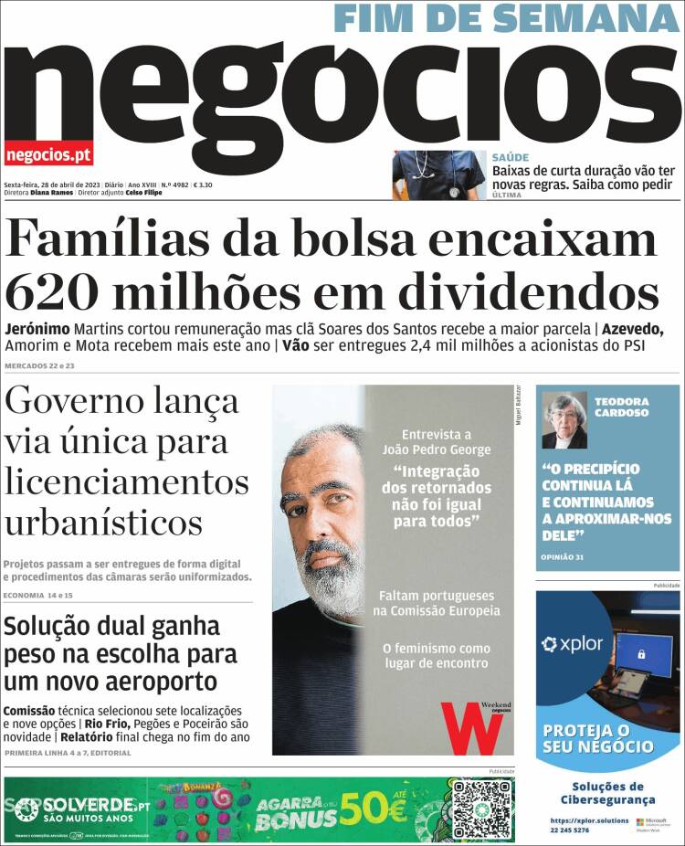 Portada de Jornal de Negócios (Portugal)