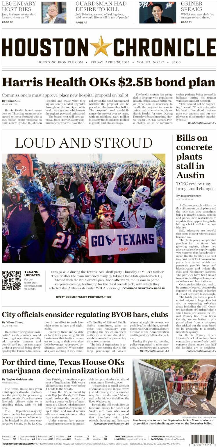 Portada de Houston Chronicle (USA)