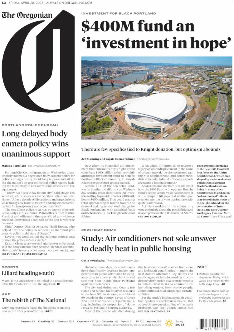 Portada de The Oregonian (USA)