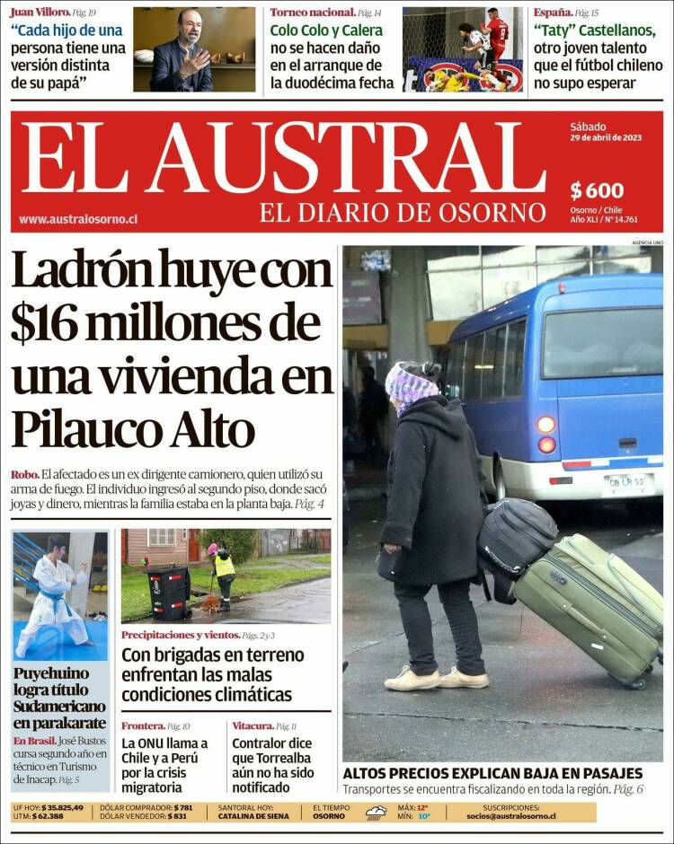 Portada de El Austral de Osorno (Chile)