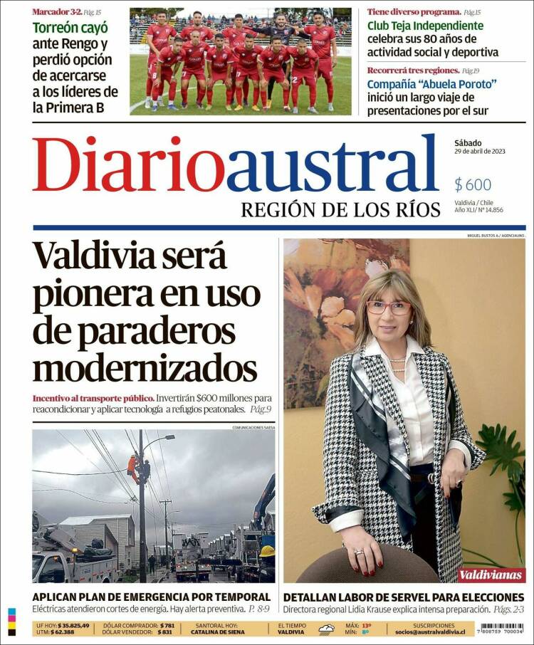 Portada de El Diario Austral de Valdivia (Chile)