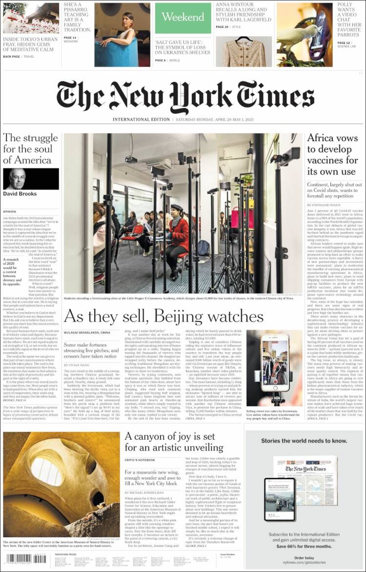 Portada de International New York Times (Europa)