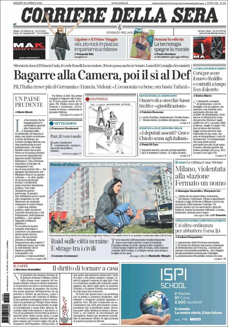Portada de Corriere della Sera (Italia)