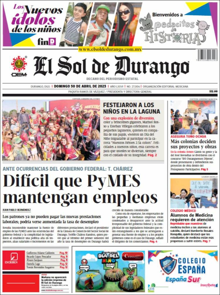 Portada de El Sol de Durango (M&eacute;xico)