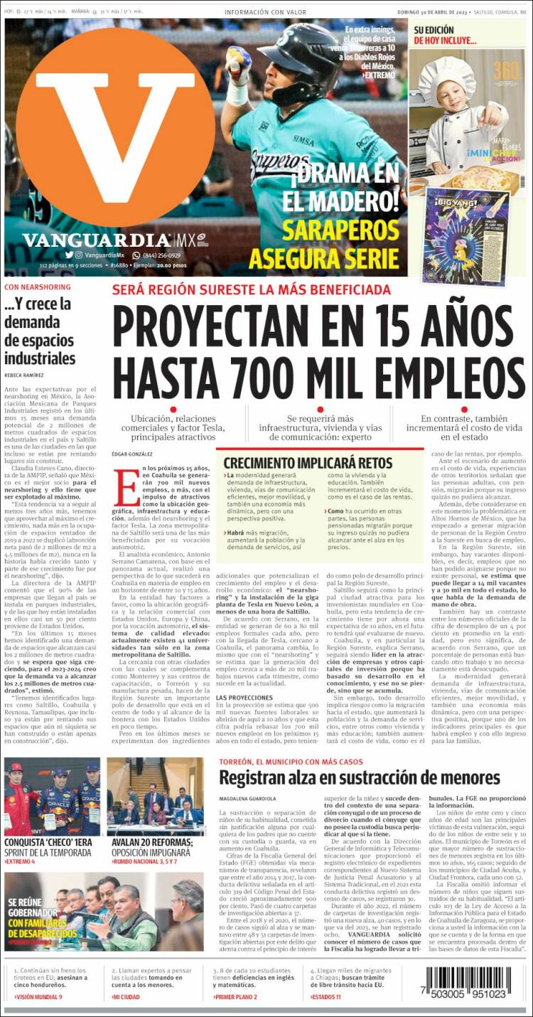 Portada de Vanguardia (M&eacute;xico)