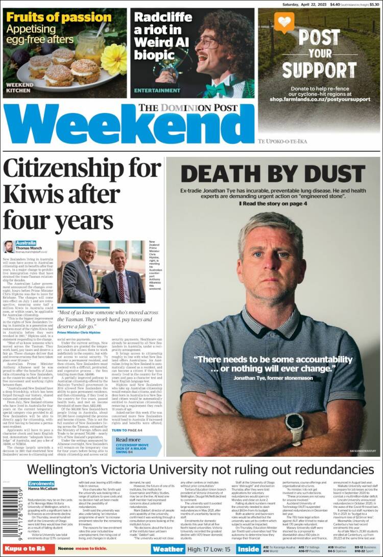 Portada de The Dominion Post (Nueva Zelanda)