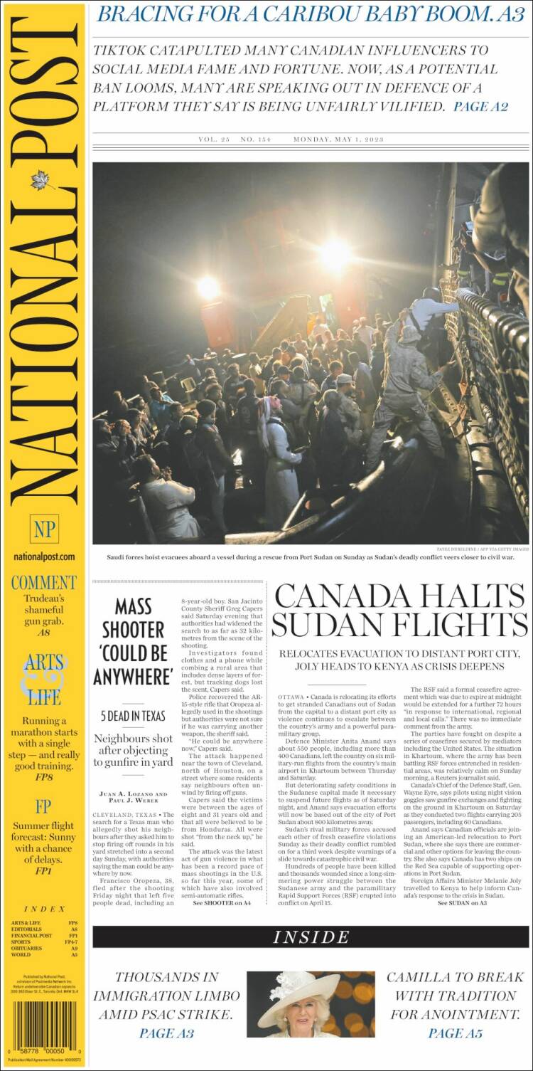 Portada de The National Post (Canadá)