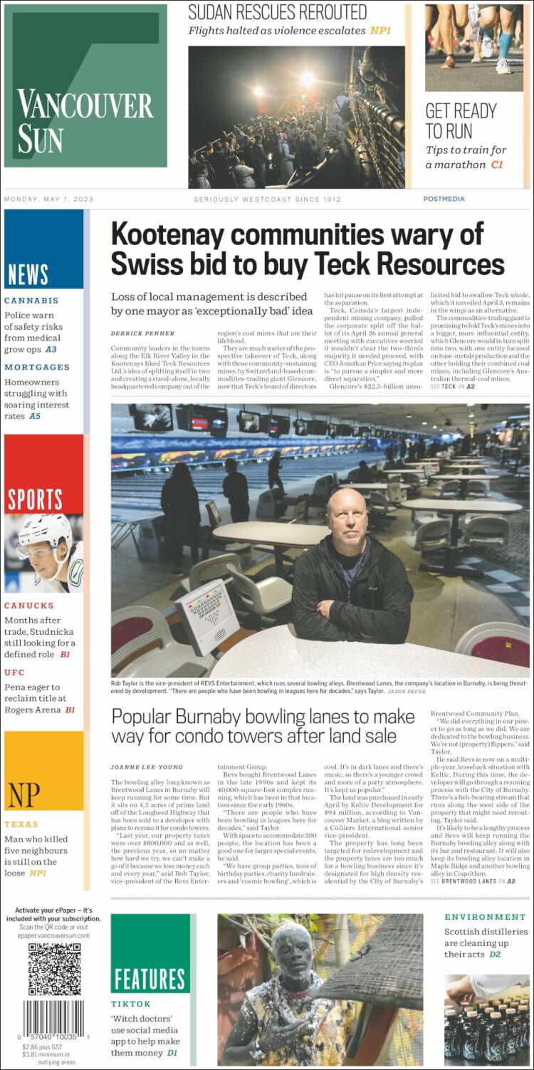 Portada de The Vancouver Sun (Canadá)