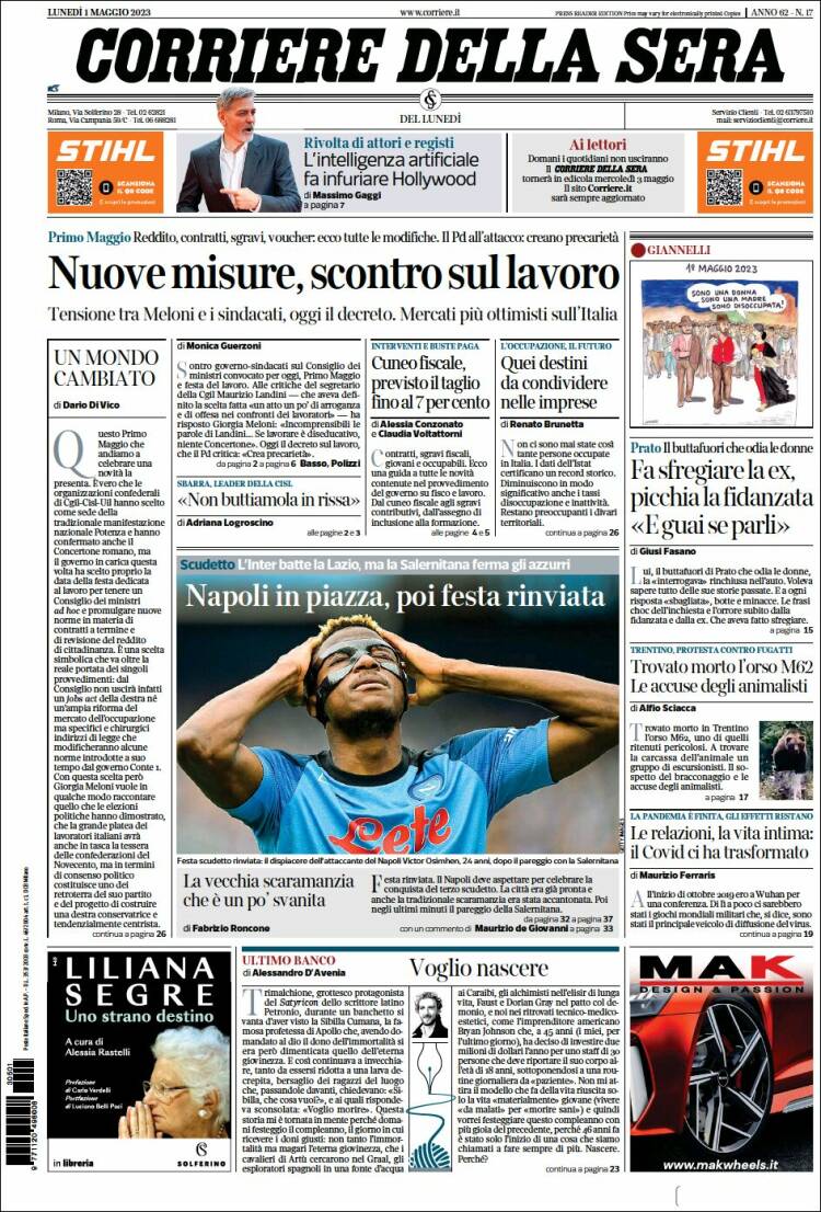 Portada de Corriere della Sera (Italia)
