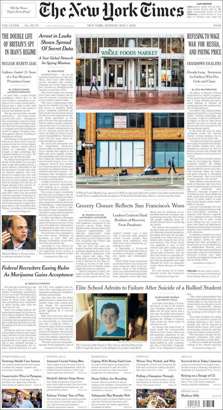 Portada de New York Times (USA)