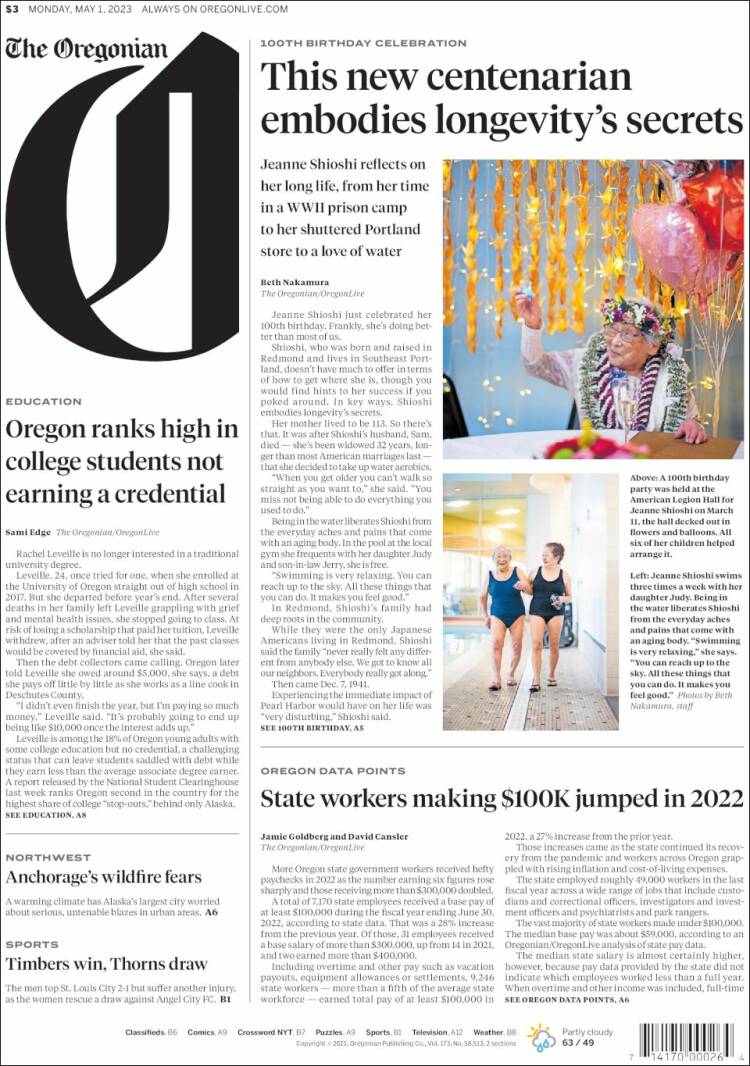 Portada de The Oregonian (USA)