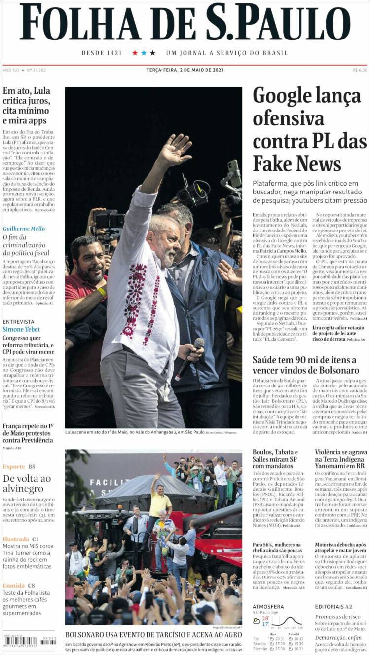 Periódico Folha De São Paulo Brasil Periódicos De Brasil Edición De Martes 2 De Mayo De 5870