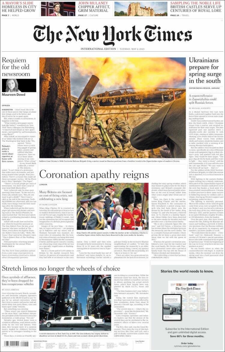 Portada de International New York Times (Europa)