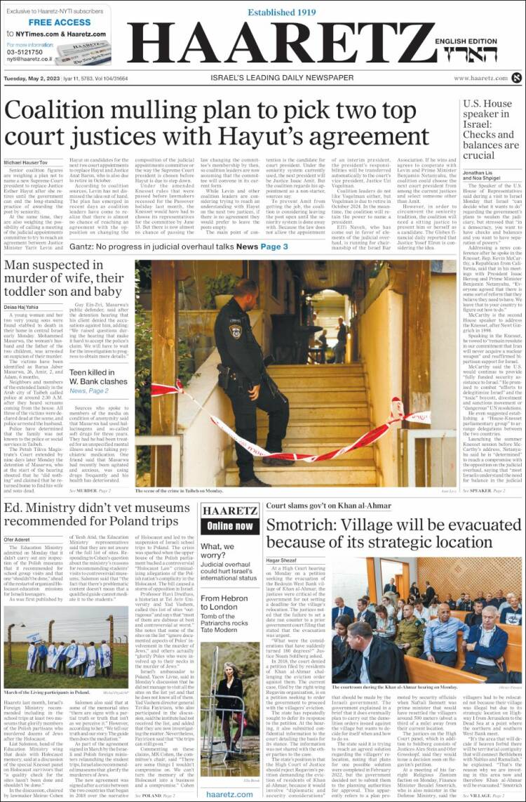 Portada de Haaretz (Israel)