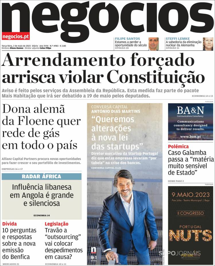 Portada de Jornal de Negócios (Portugal)