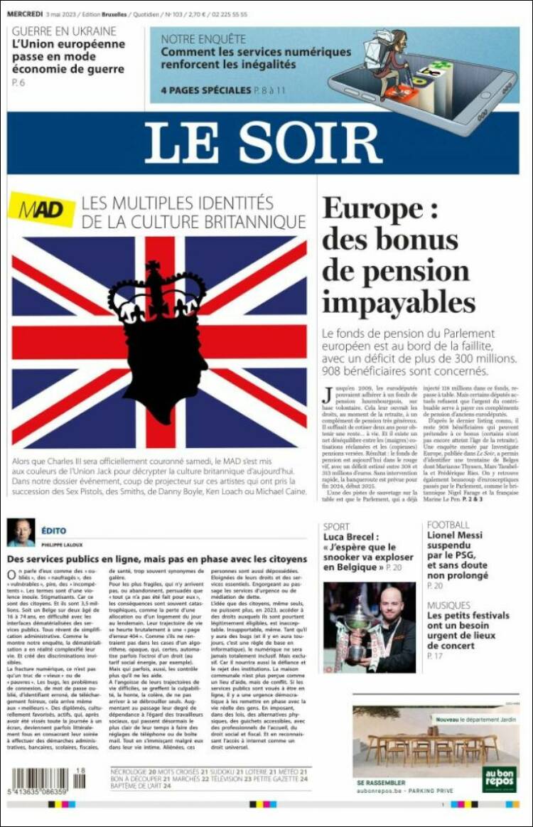 Portada de Le Soir (B&eacute;lgica)