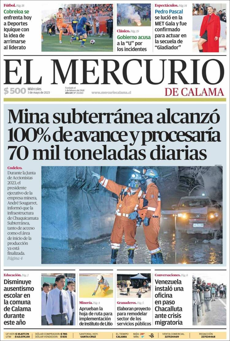 Portada de El Mercurio - Calama (Chile)