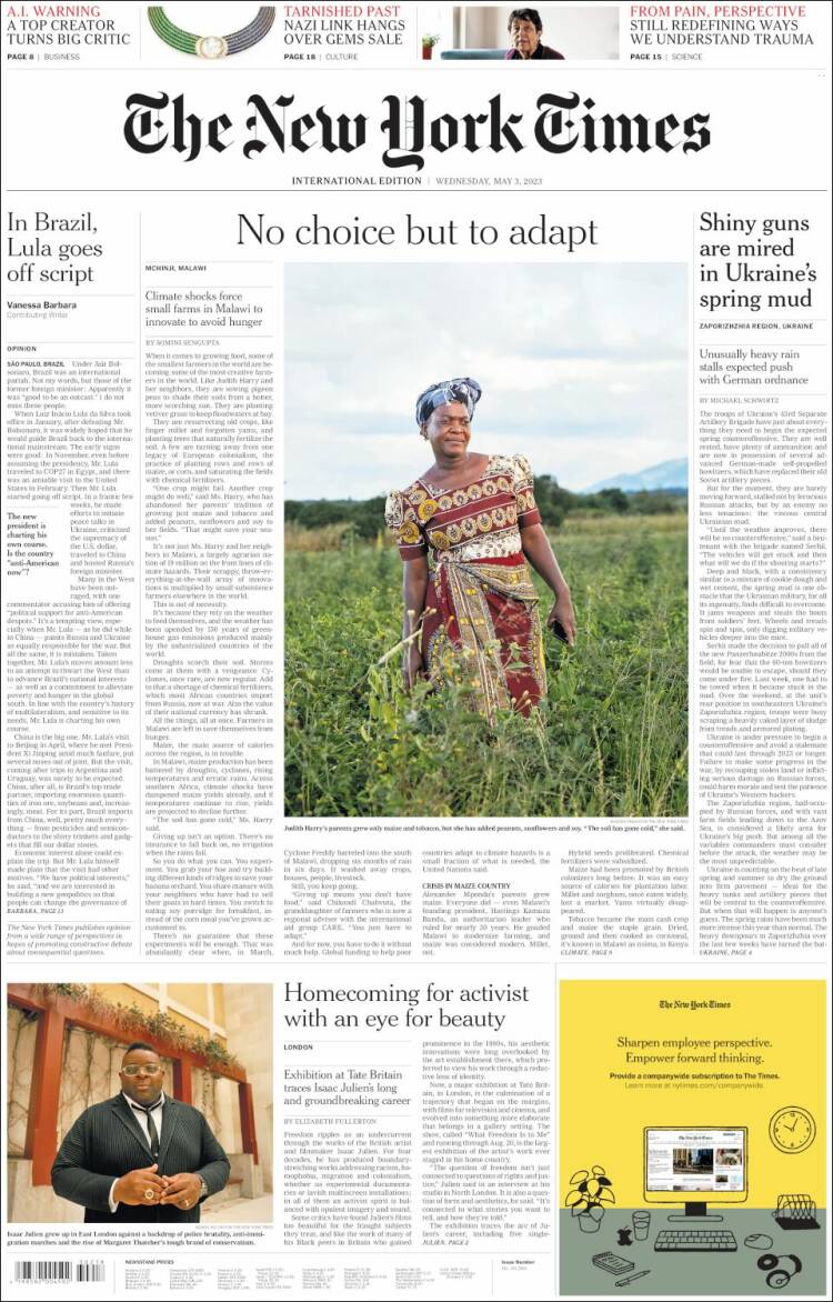 Portada de International New York Times (Europa)