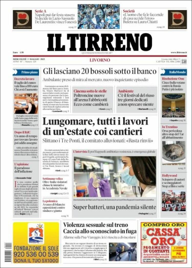 Portada de Il Tirreno (Italia)