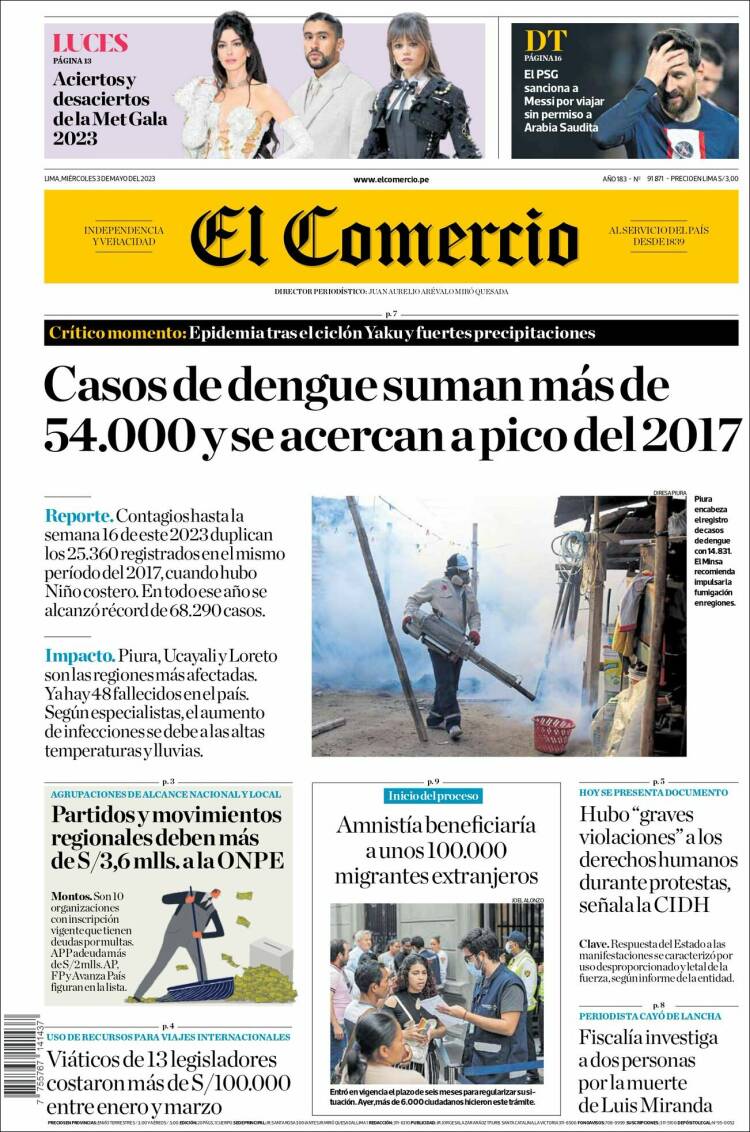 Portada de El Comercio (Per&uacute;)