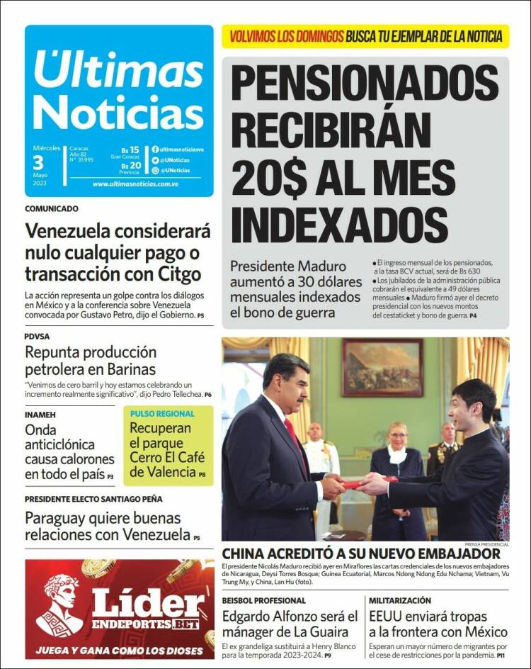 Portada de Últimas Noticias (Venezuela)