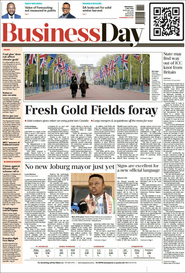 Portada de Business Day (Sud&aacute;frica)