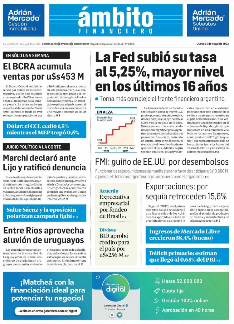 Portada de Diario Ambito Financiero (Argentina)
