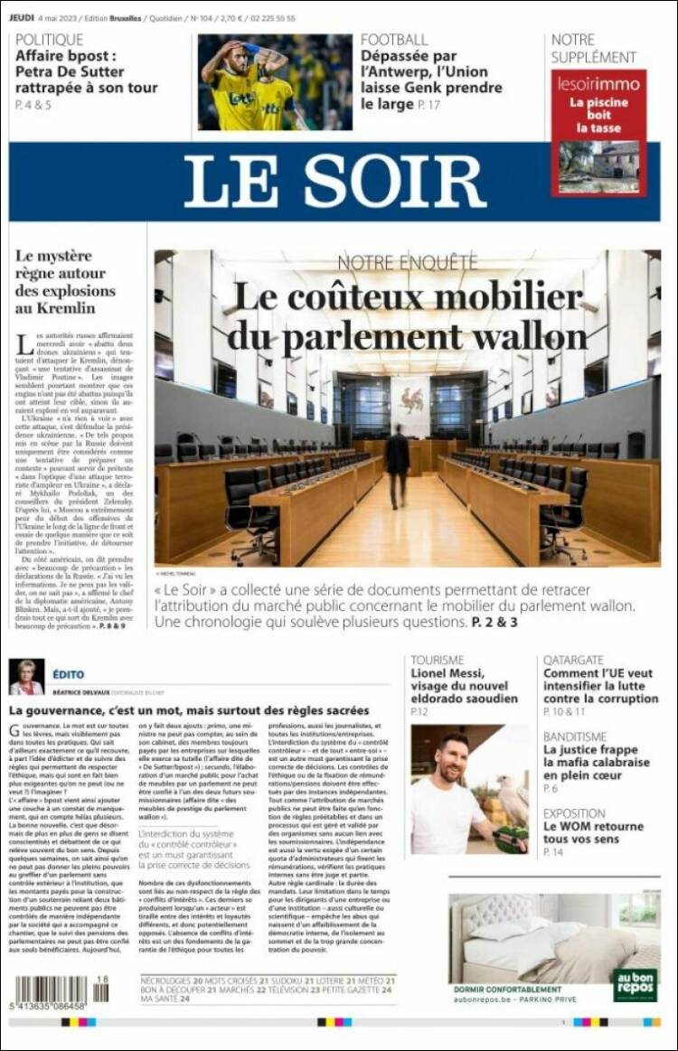 Portada de Le Soir (B&eacute;lgica)