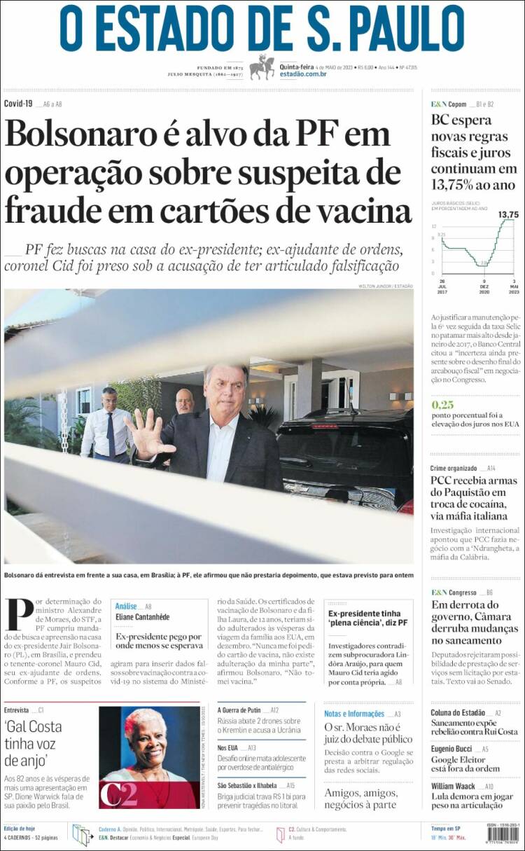 Periódico O Estado De São Paulo Brasil Periódicos De Brasil Edición De Jueves 4 De Mayo De 5984