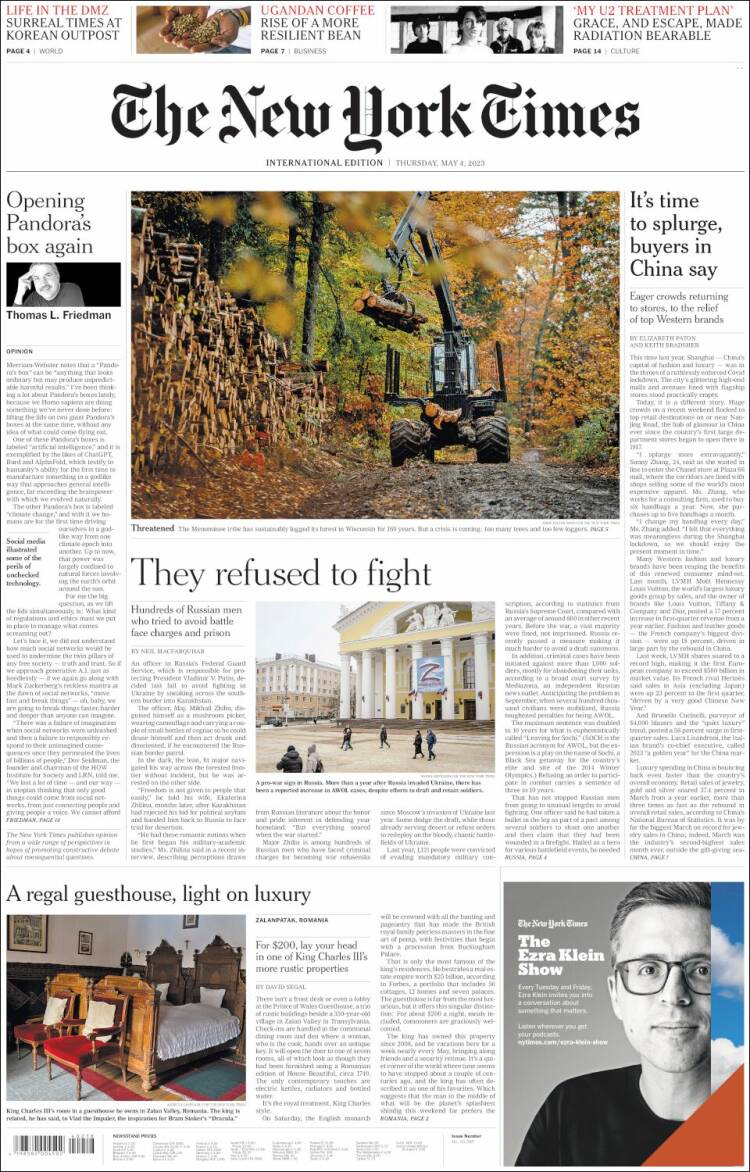 Portada de International New York Times (Europa)
